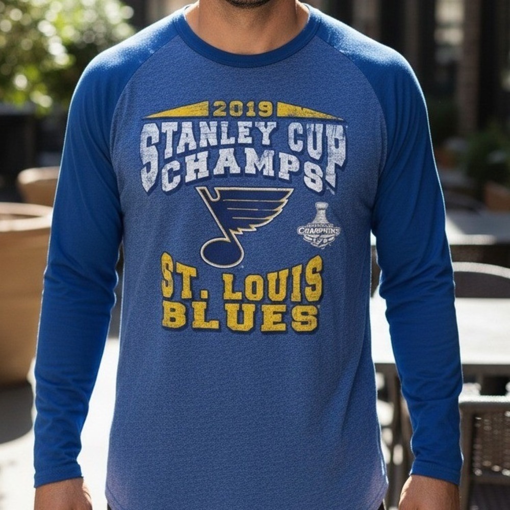 Majestic Threads St Louis Blues 2019 Stanley Cup‎ Champs Raglan Shirt Mens L